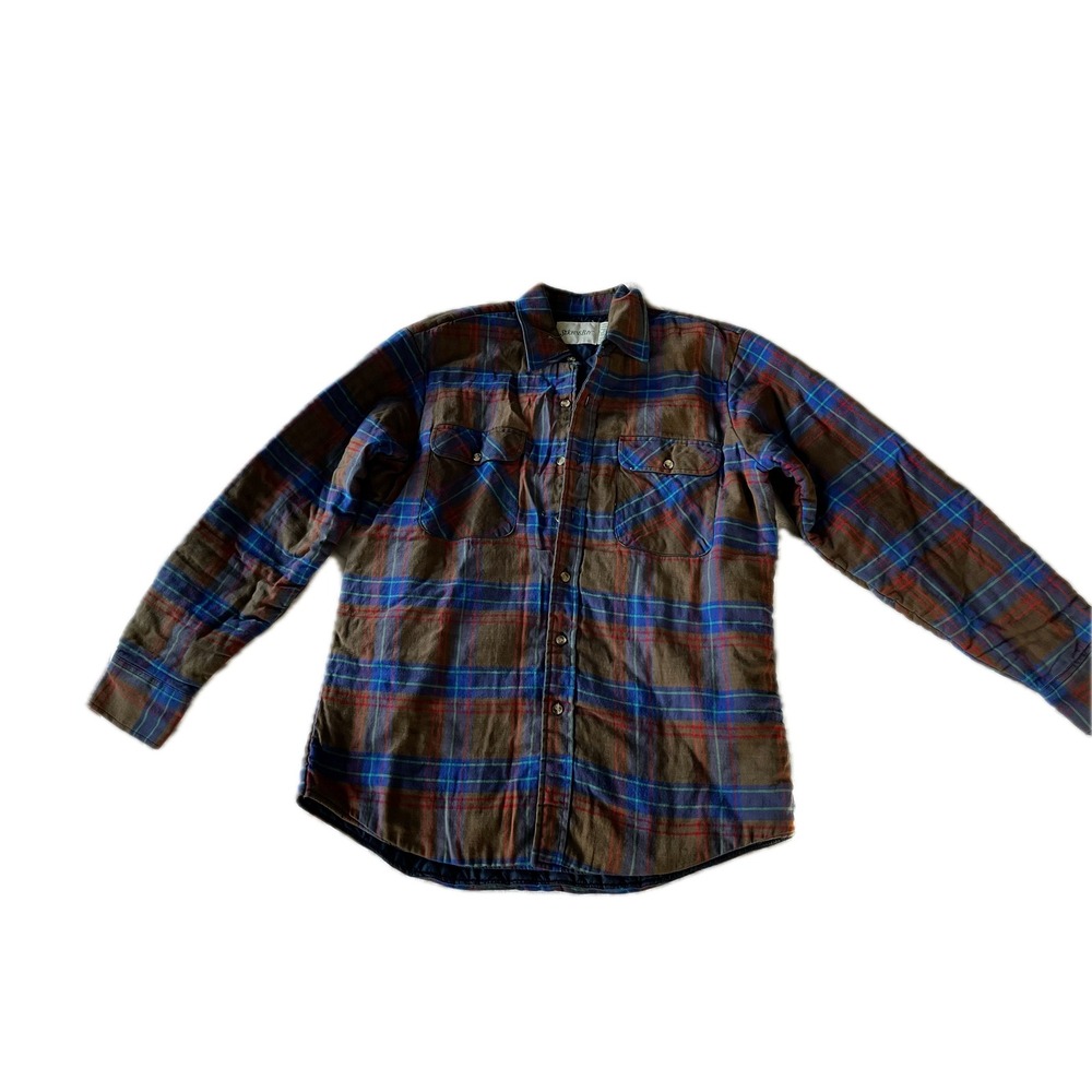 Vintage Mens Plaid Flannel Shirt Large Cotton Quilted Lining Fall Outdoors Sz L